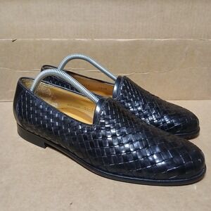Avventura Mens 9.5 Dress Shoes  Black Woven Leather Slip-on Loafers Slick Work